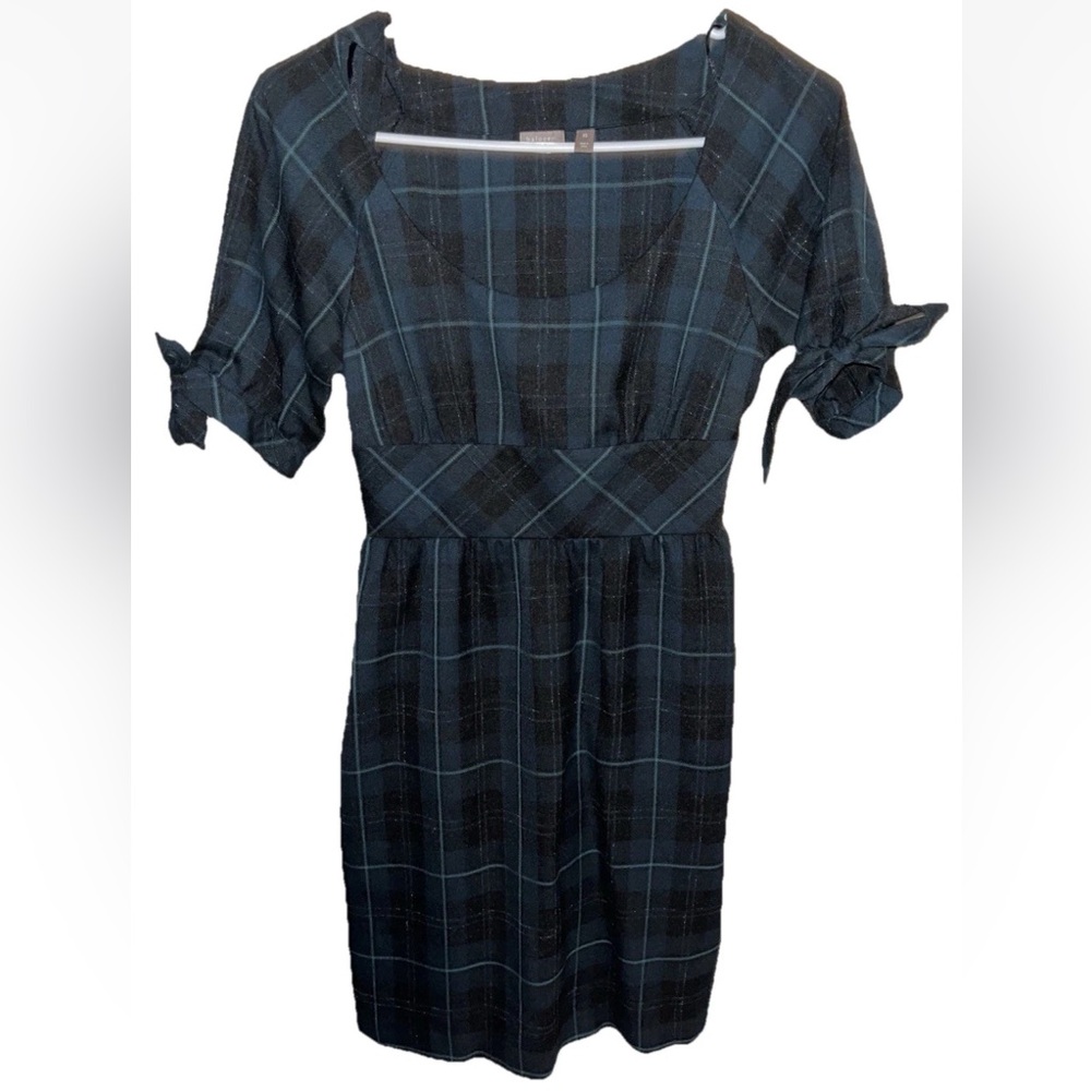 Halogen Plaid Black Blue Tied Short Sleeve Babydoll Dress Size XS EUC 90s Y2K